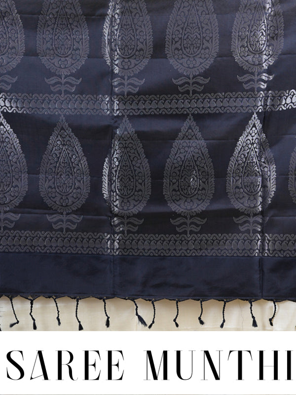 Elegant Off-White & Charcoal Black Kora Kanchipuram Silk Saree