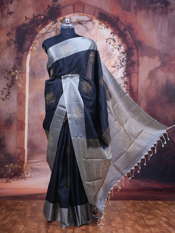 Royal Black & Antique Silver Kanchipuram Silk Saree
