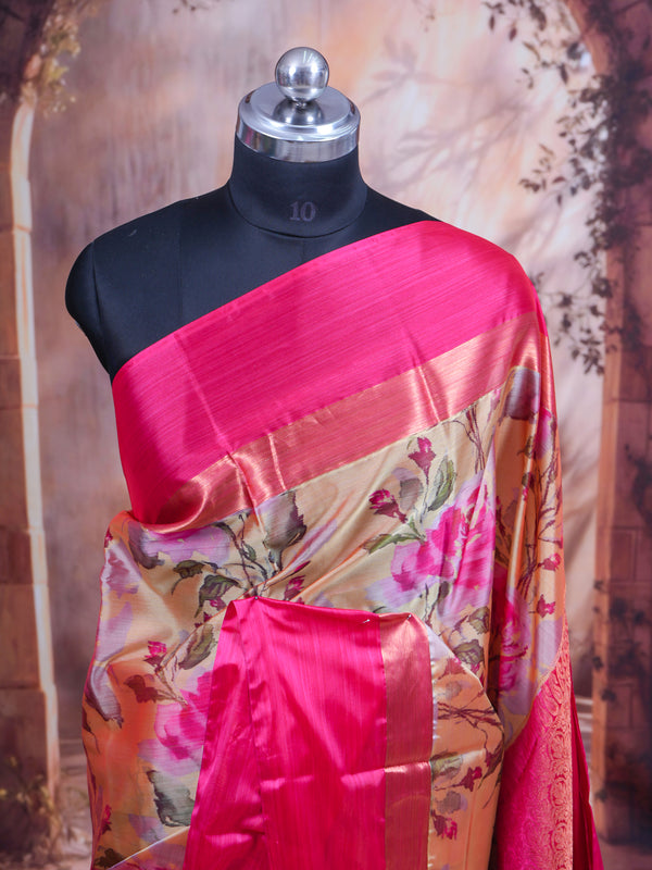 Elegant Rani Pink With Beige Floral Kanchipuram Silk Saree