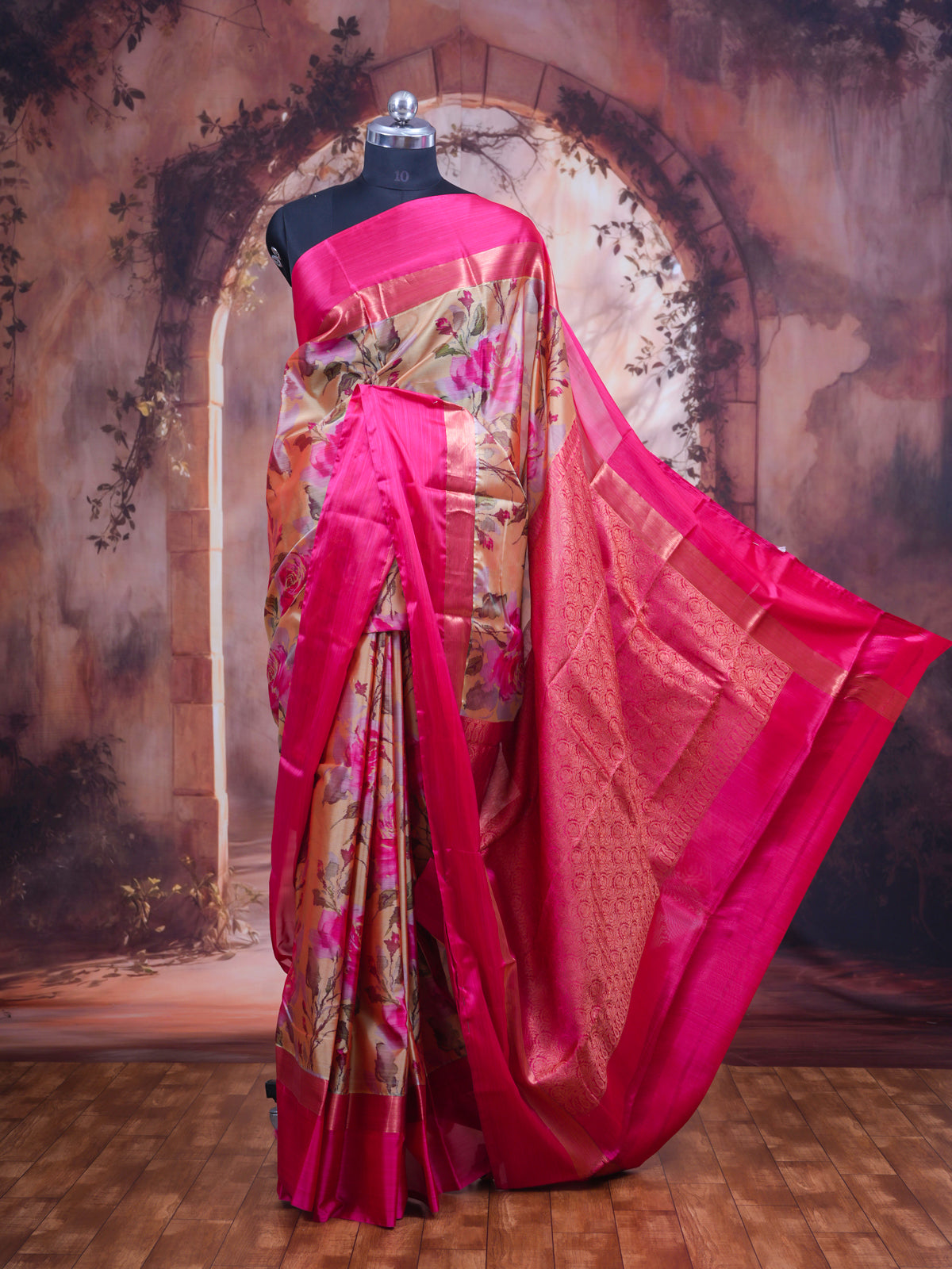 Elegant Rani Pink With Beige Floral Kanchipuram Silk Saree