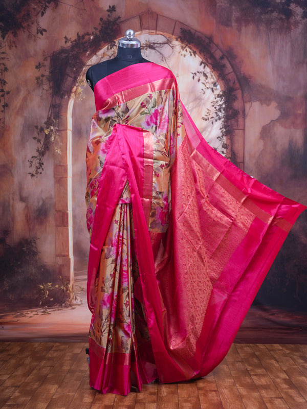 Elegant Rani Pink With Beige Floral Kanchipuram Silk Saree