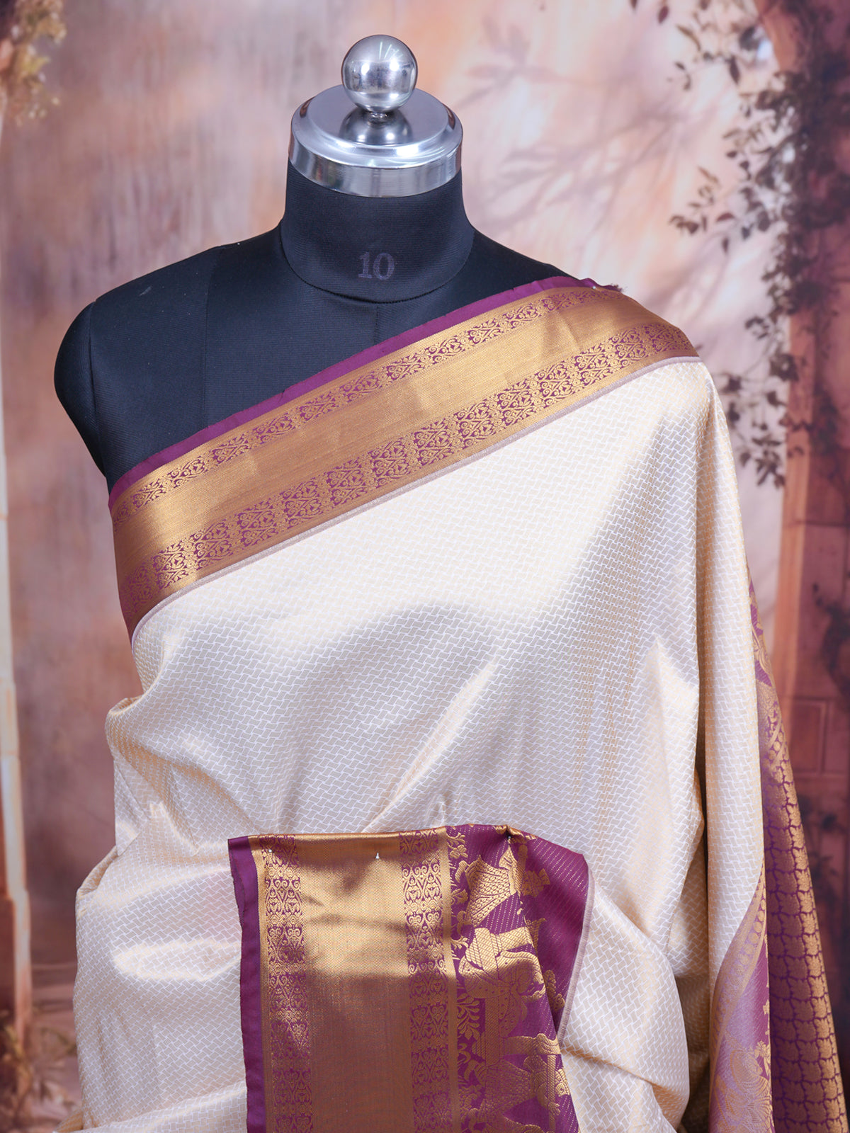 Classic Off-White & Deep Wine Kanchipuram Style Silk Saree