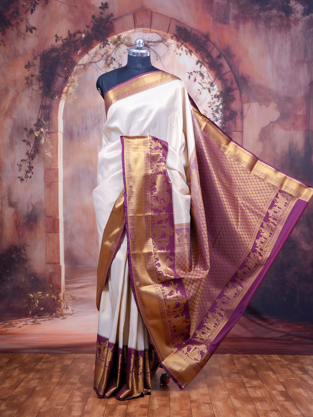Classic Off-White & Deep Wine Kanchipuram Style Silk Saree