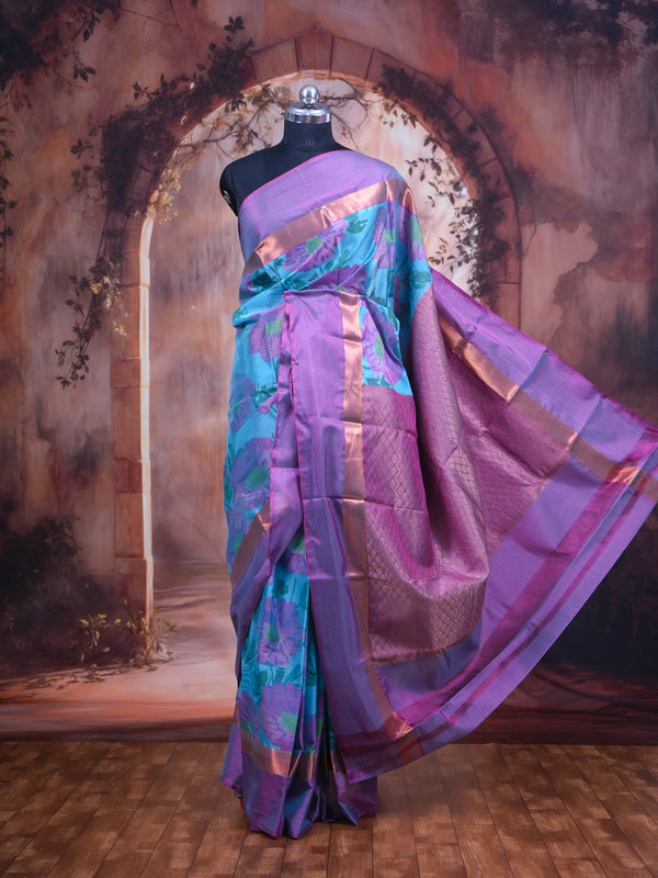 Enchanting Turquoise Blue & Lavender Mauve Floral Kanchipuram Silk Saree