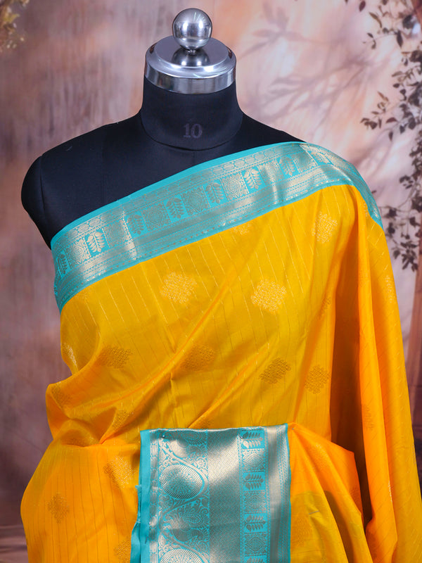 Vibrant Mustard Yellow & Turquoise Blue Kanchipuram Style Silk Saree