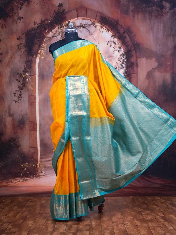Vibrant Mustard Yellow & Turquoise Blue Kanchipuram Style Silk Saree