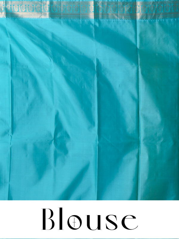 Vibrant Mustard Yellow & Turquoise Blue Kanchipuram Style Silk Saree