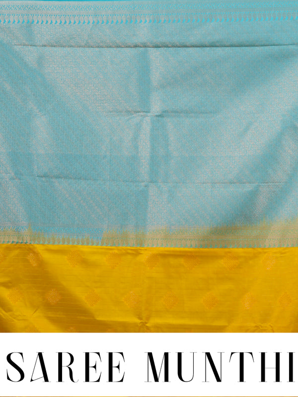 Vibrant Mustard Yellow & Turquoise Blue Kanchipuram Style Silk Saree