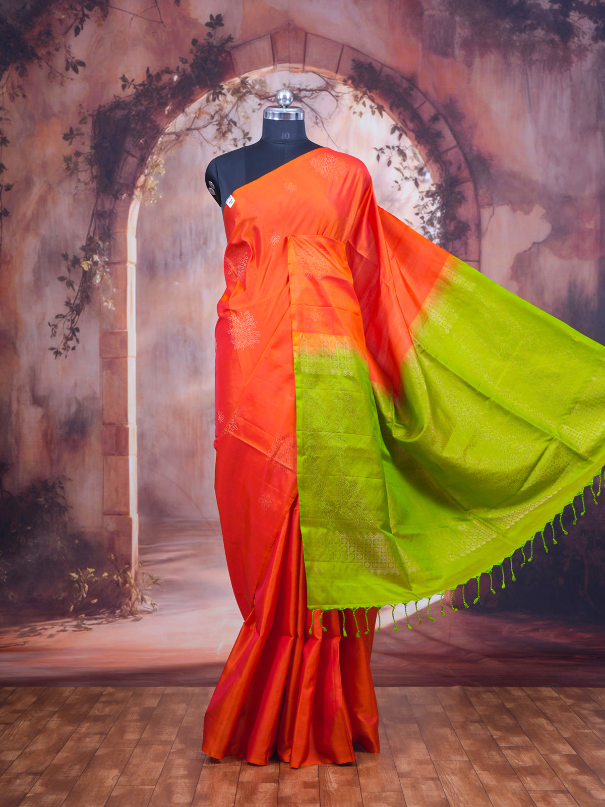 Coral Orange & Lime Green Kanchipuram Silk Saree