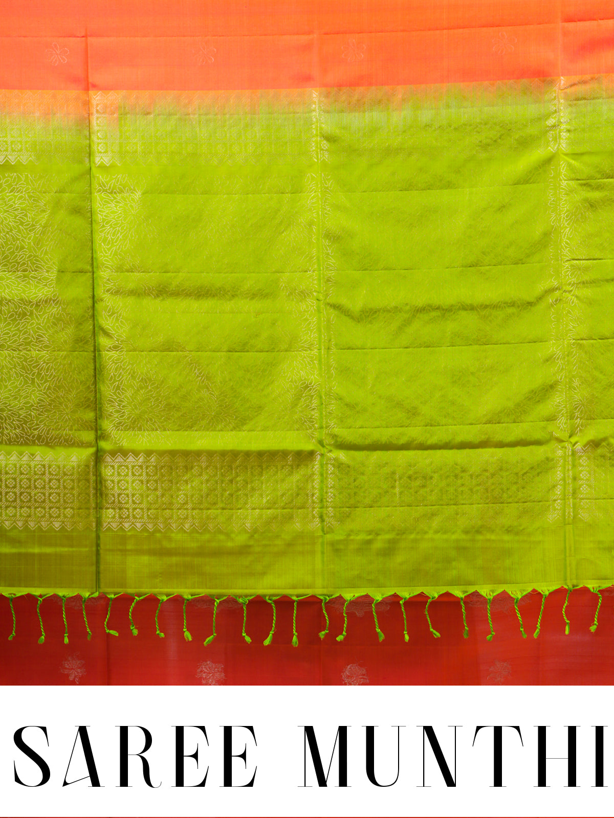 Coral Orange & Lime Green Kanchipuram Silk Saree