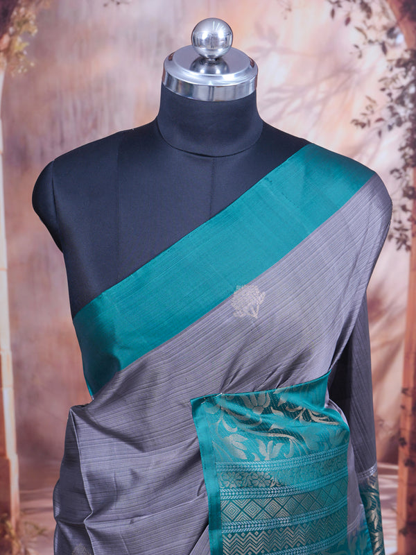 Elegant Charcoal Grey & Teal Kanchipuram Silk Saree