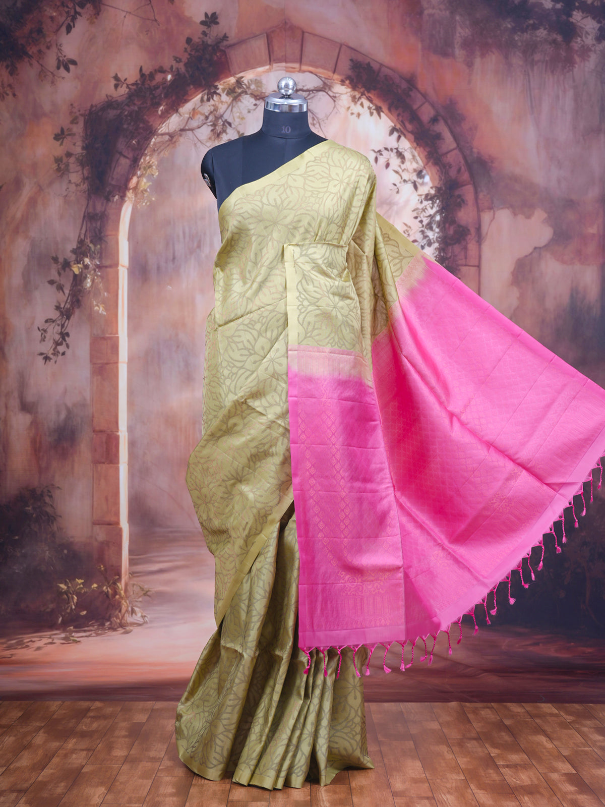 The Blossom Symphony: Olive Green & Rani Pink Kanchipuram Silk Saree