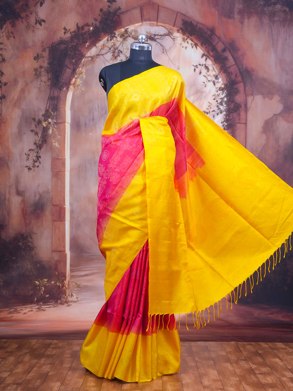 Sunshine Yellow and Rani Pink Pure Kanchipuram Silk Saree