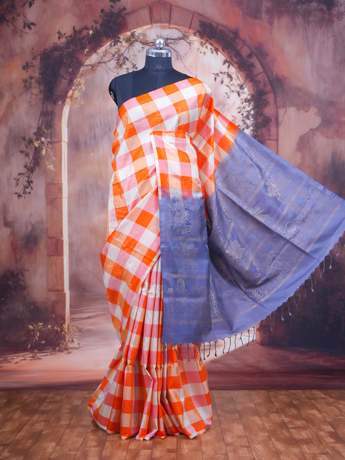 Radiant Orange and Grey Kanchipuram Silk Saree