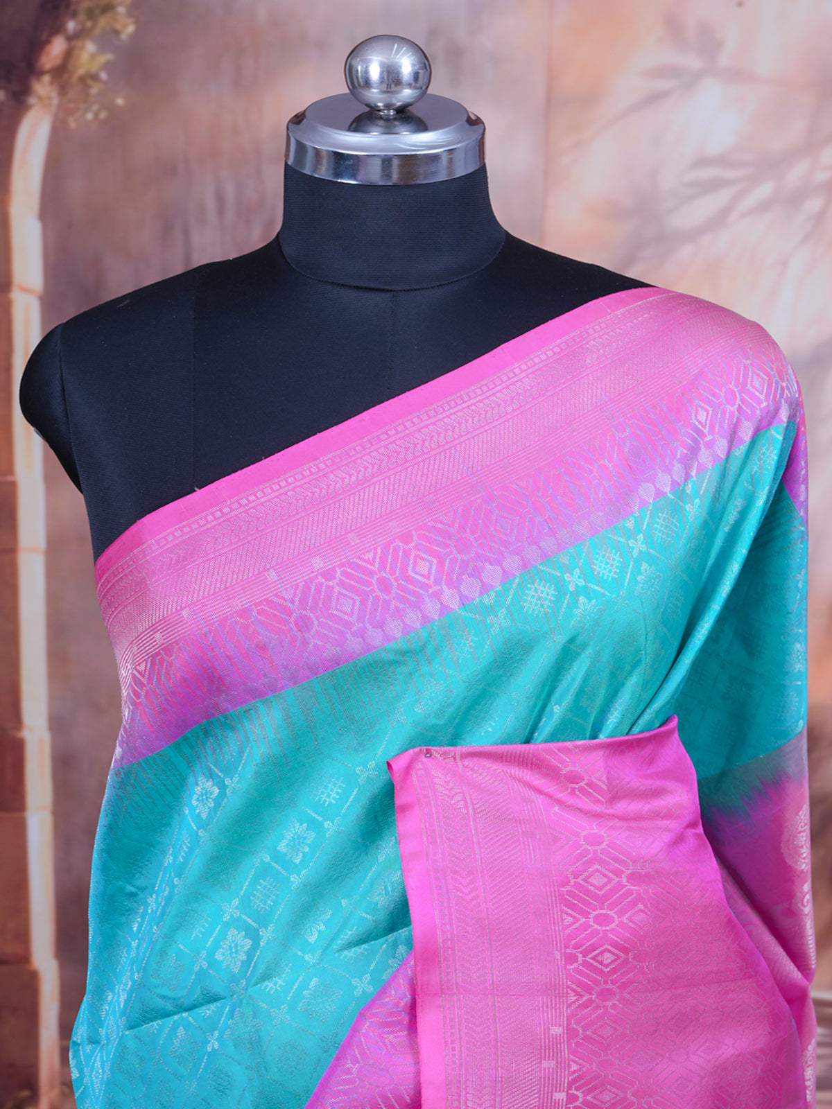 Turquoise Blue and Rani Pink Kanchipuram Pure Silk Saree