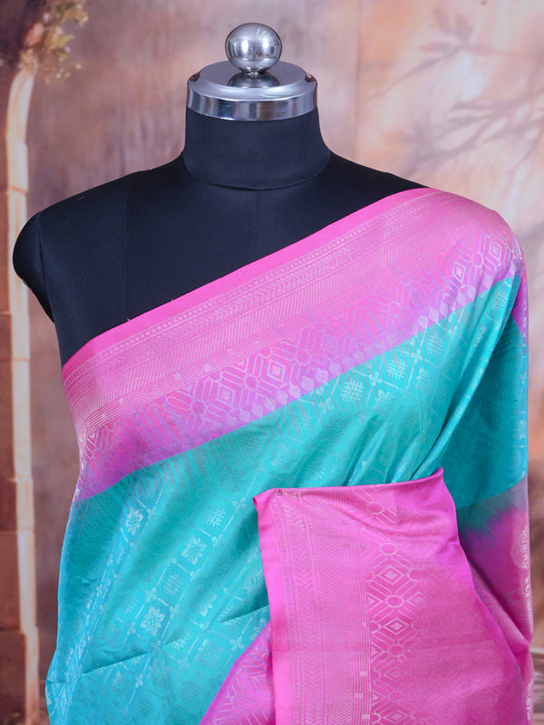 Turquoise Blue and Rani Pink Kanchipuram Pure Silk Saree