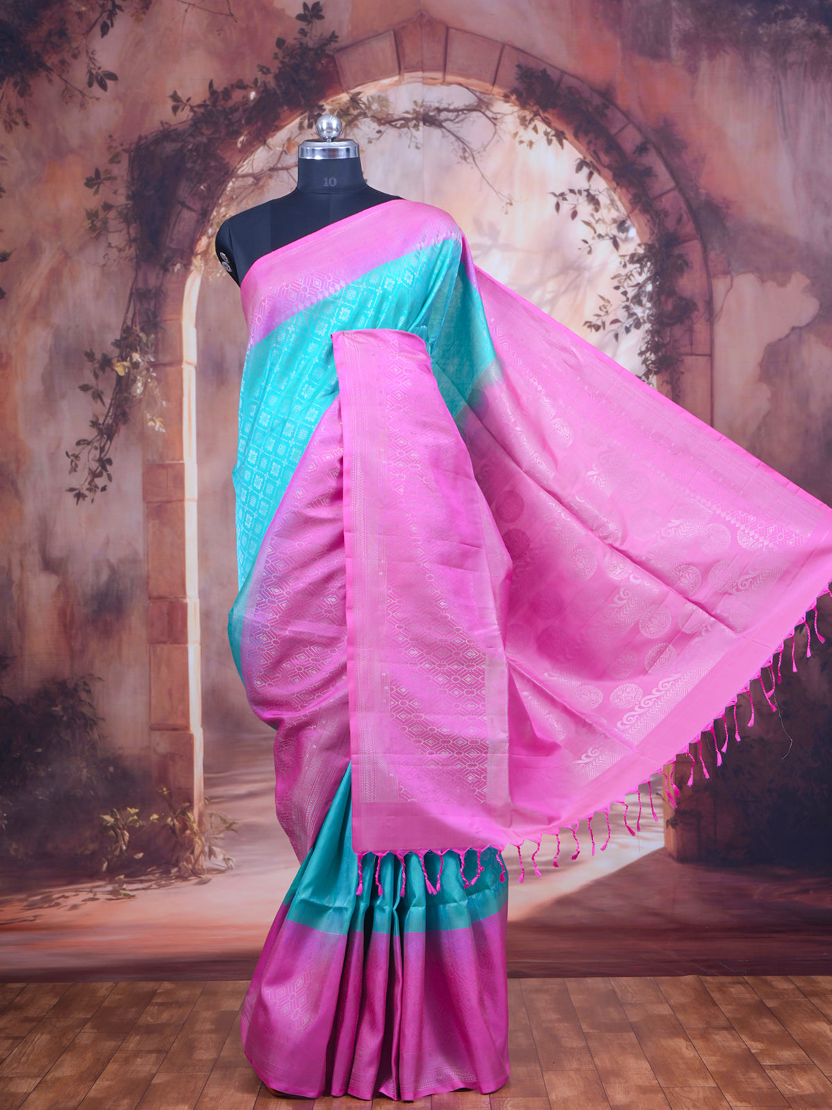 Turquoise Blue and Rani Pink Kanchipuram Pure Silk Saree