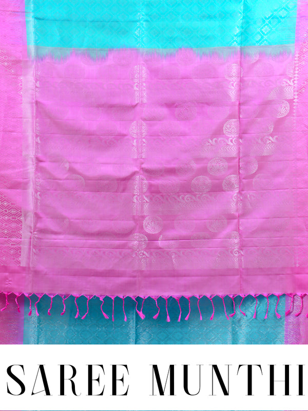 Turquoise Blue and Rani Pink Kanchipuram Pure Silk Saree