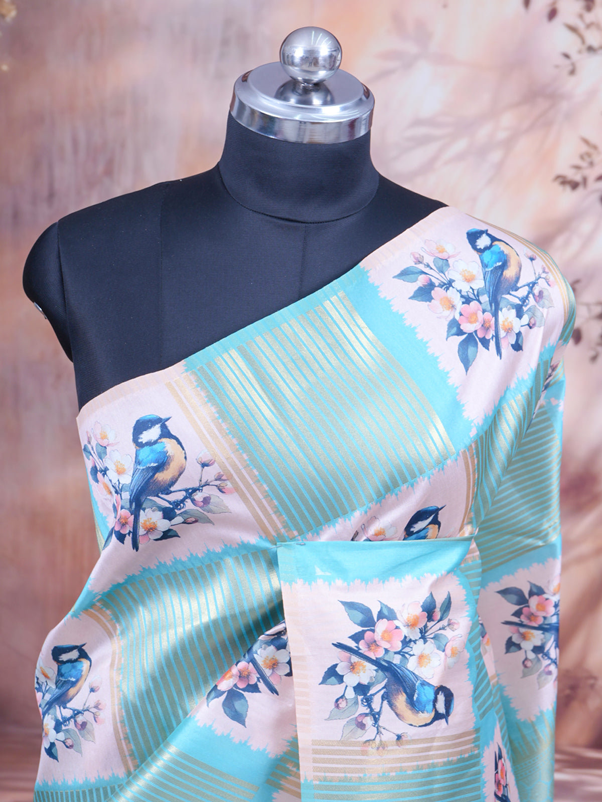 The "Cyan Horizon  blue and pastel cream " Bird Motif Kanchipuram Silk Saree