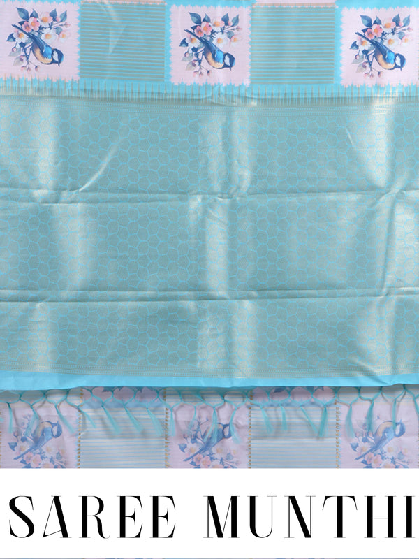 The "Cyan Horizon  blue and pastel cream " Bird Motif Kanchipuram Silk Saree