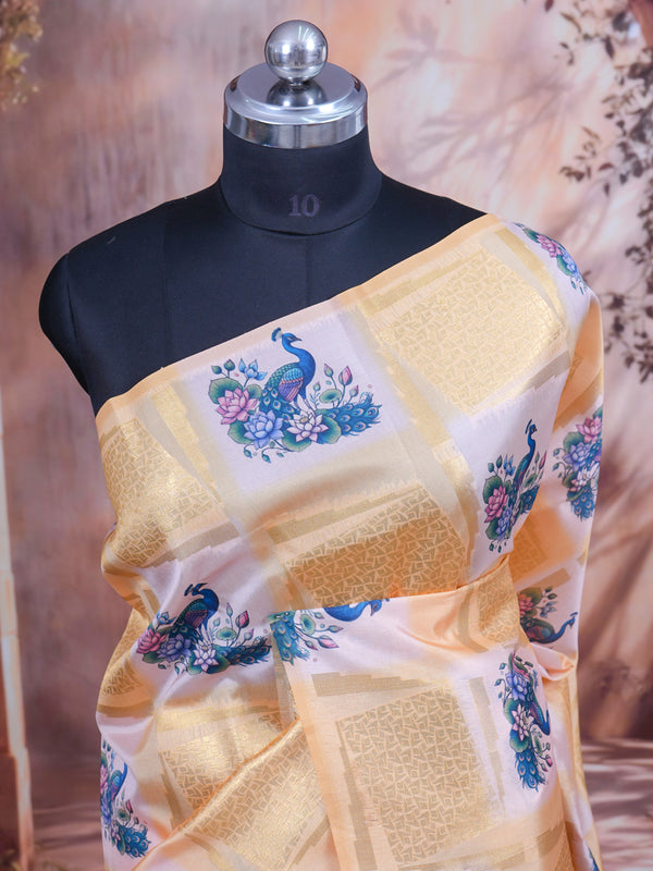 The Royal Peacock cream and pastel yellow Kanchipuram Silk Saree