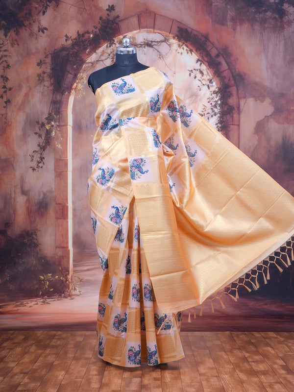 The Royal Peacock cream and pastel yellow Kanchipuram Silk Saree