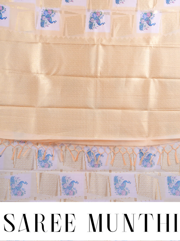 The Royal Peacock cream and pastel yellow Kanchipuram Silk Saree