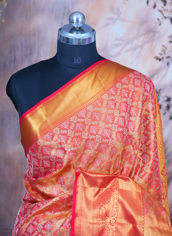 Orange and Gold Kanchipuram Pure Mix Saree