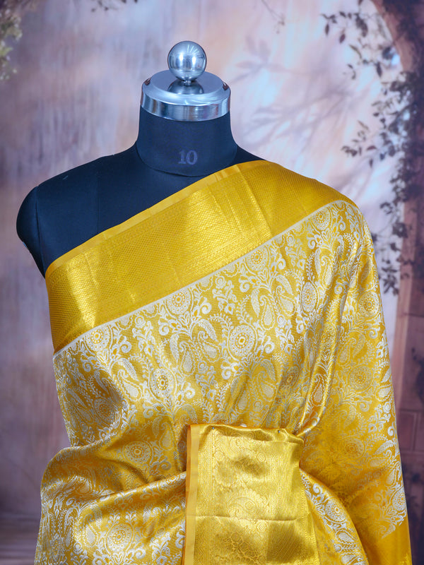 Radiant Mustard Yellow and Off-White Kanjivaram Silk Saree