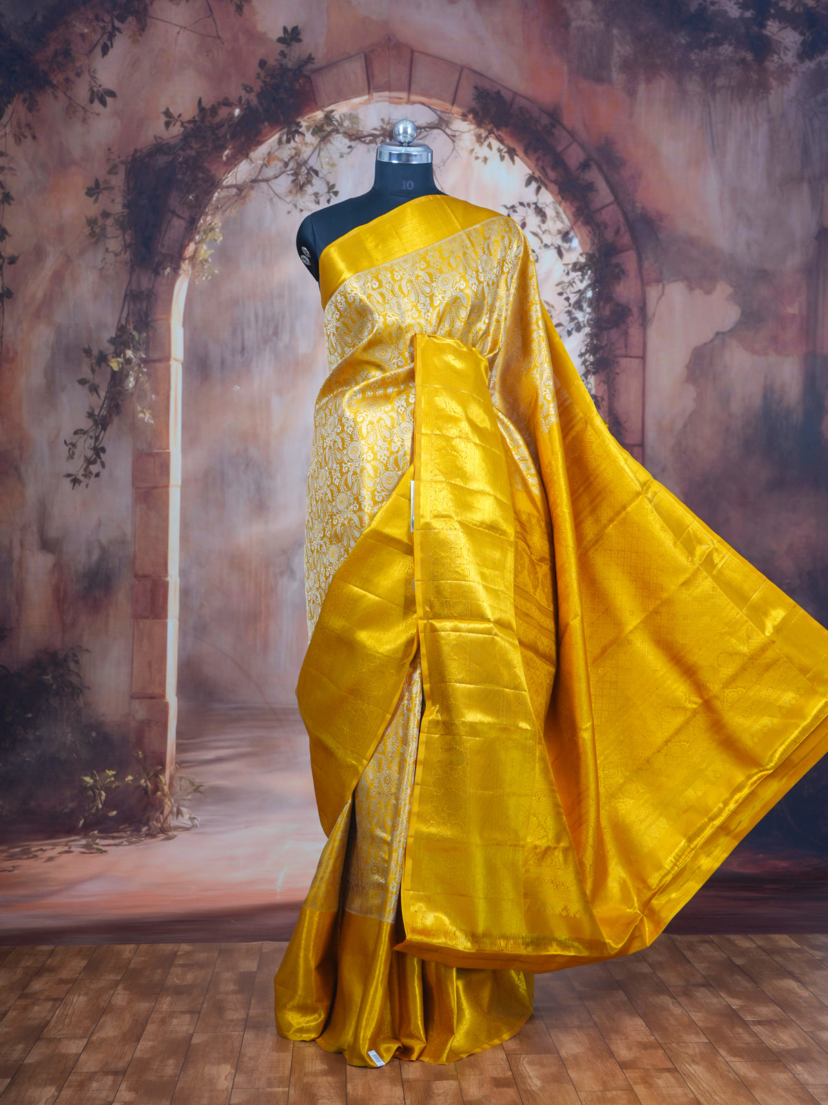 Radiant Mustard Yellow and Off-White Kanjivaram Silk Saree