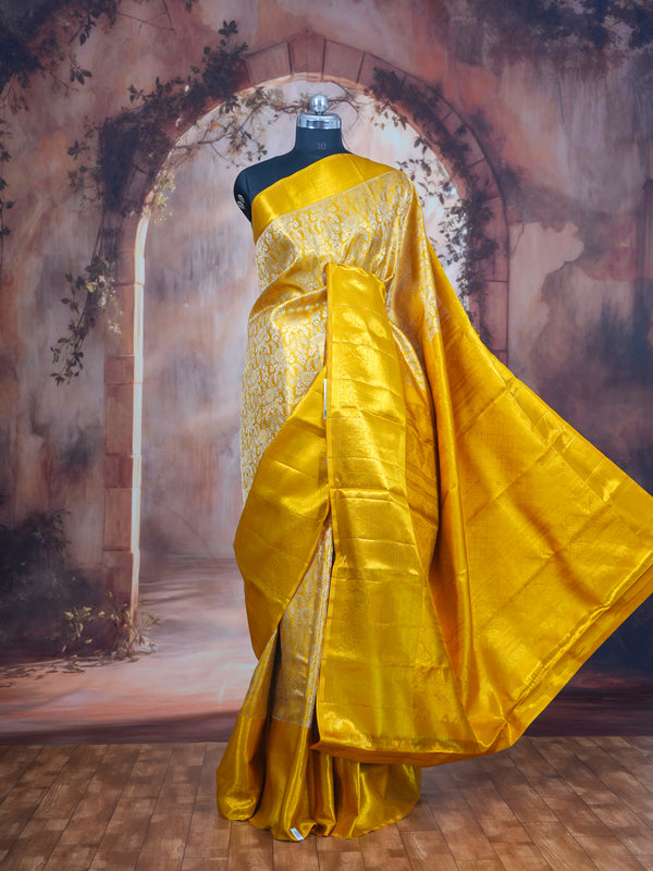 Radiant Mustard Yellow and Off-White Kanjivaram Silk Saree