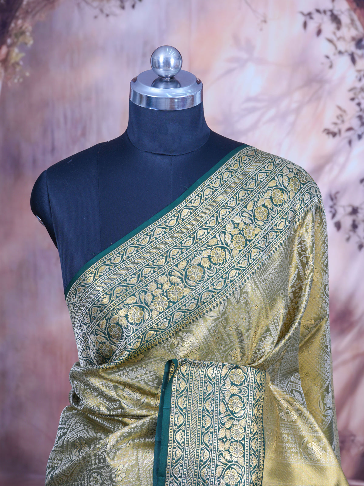 Olive Green and Antique gold Kanchipuram Gold  Silk Saree
