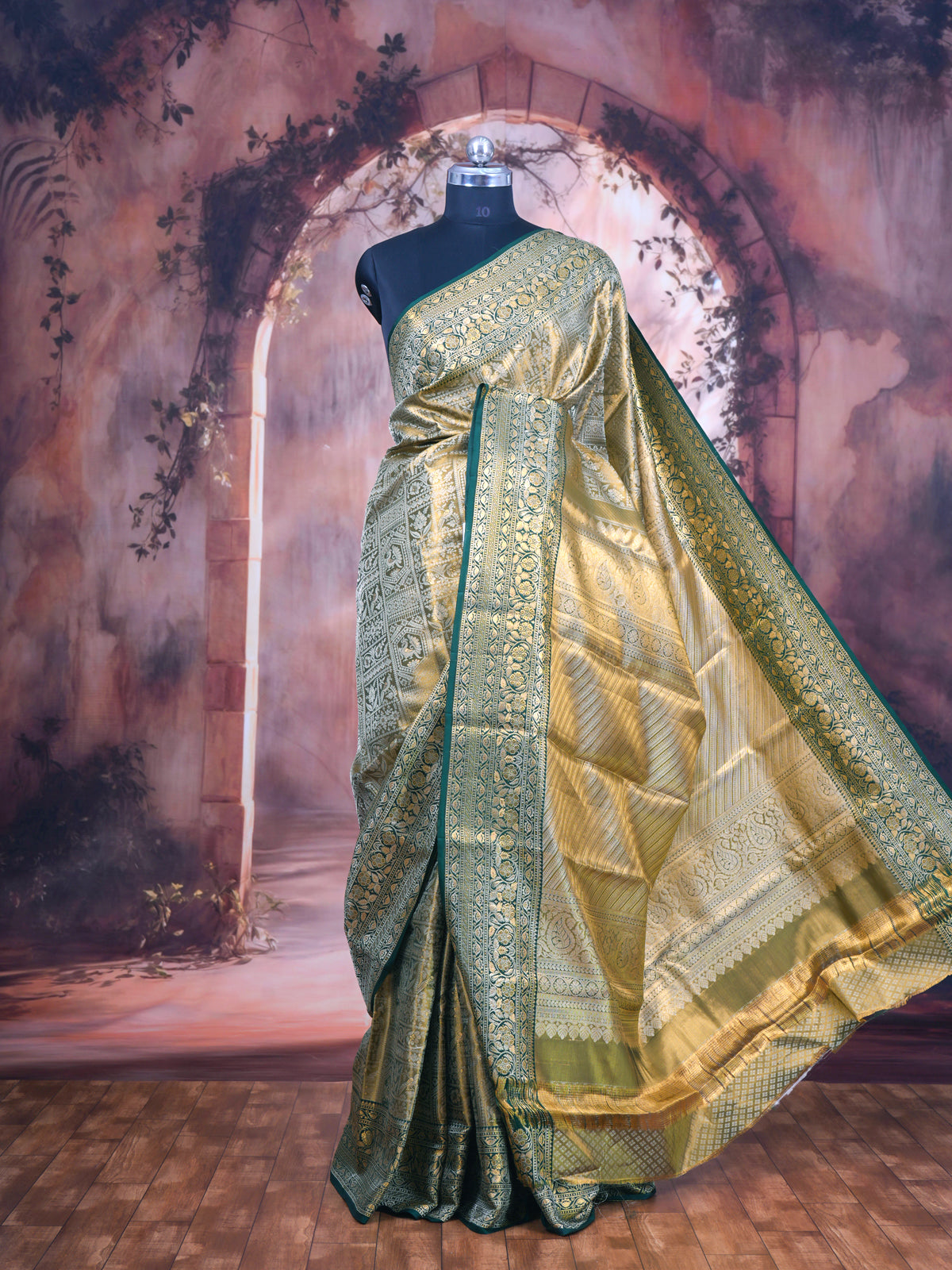 Olive Green and Antique gold Kanchipuram Gold  Silk Saree
