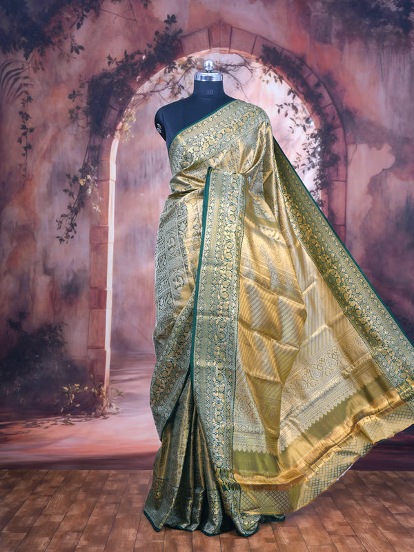 Olive Green and Antique gold Kanchipuram Gold  Silk Saree