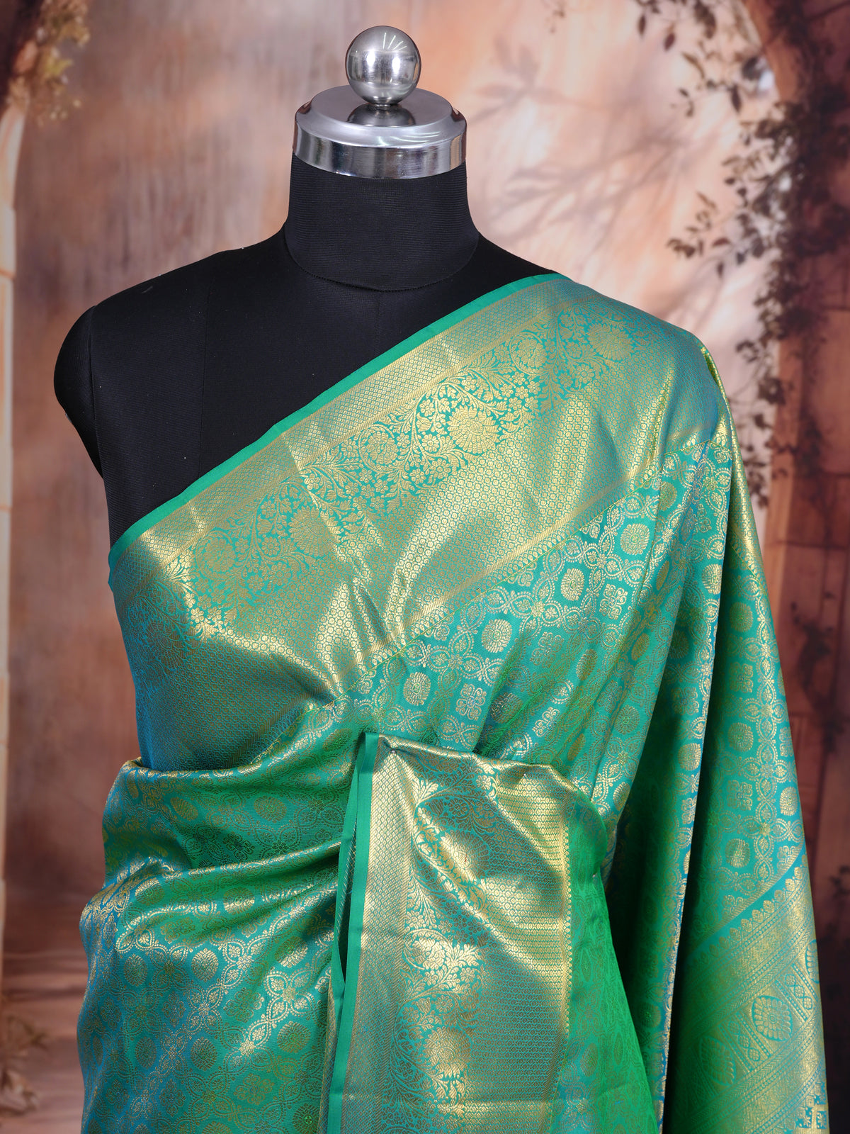 Sea Green Kanchipuram Silk Saree with Golden Zari Weave
