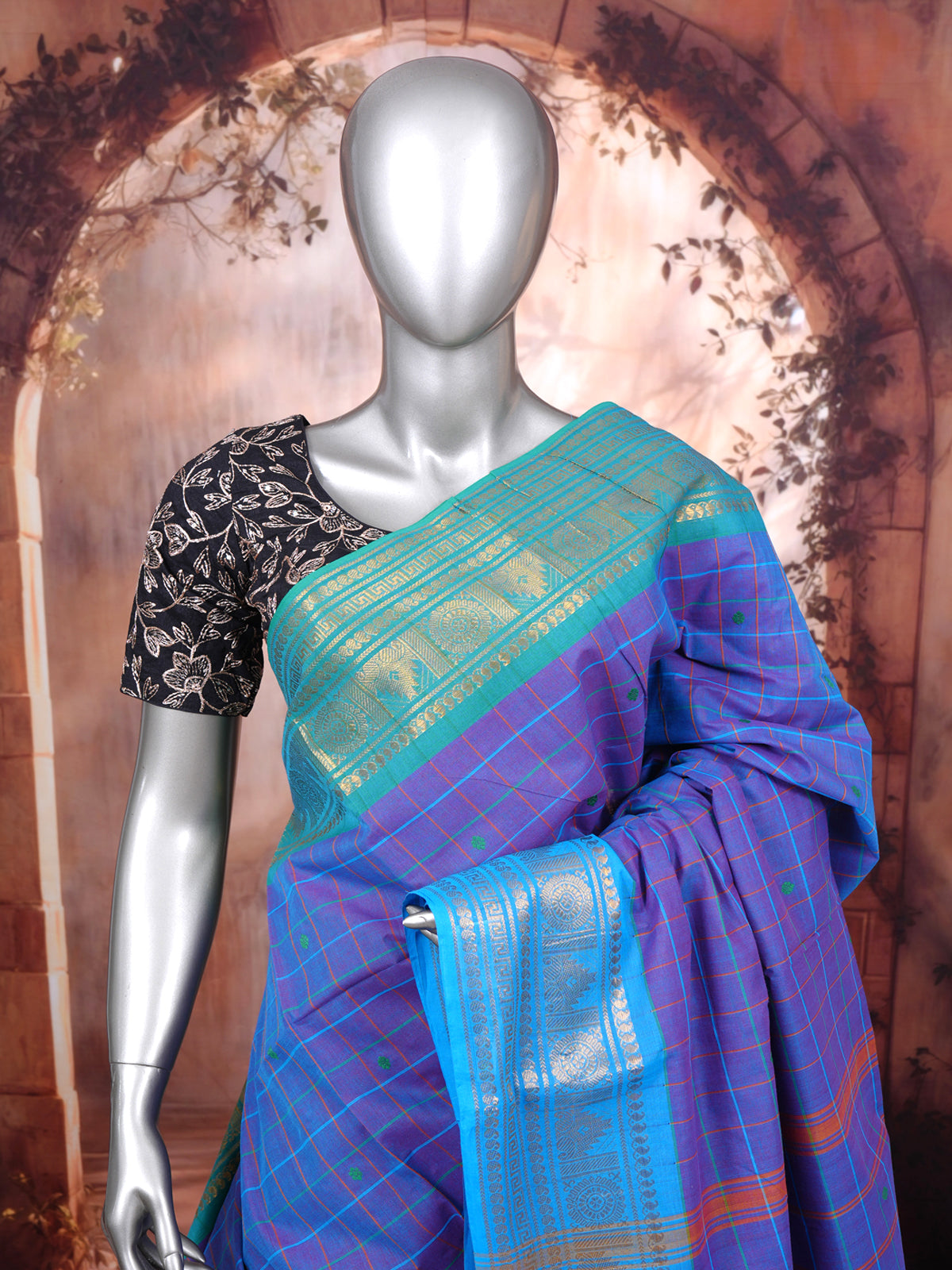 Dual-Tone Purple and Sky Blue Chettinad Cotton Saree