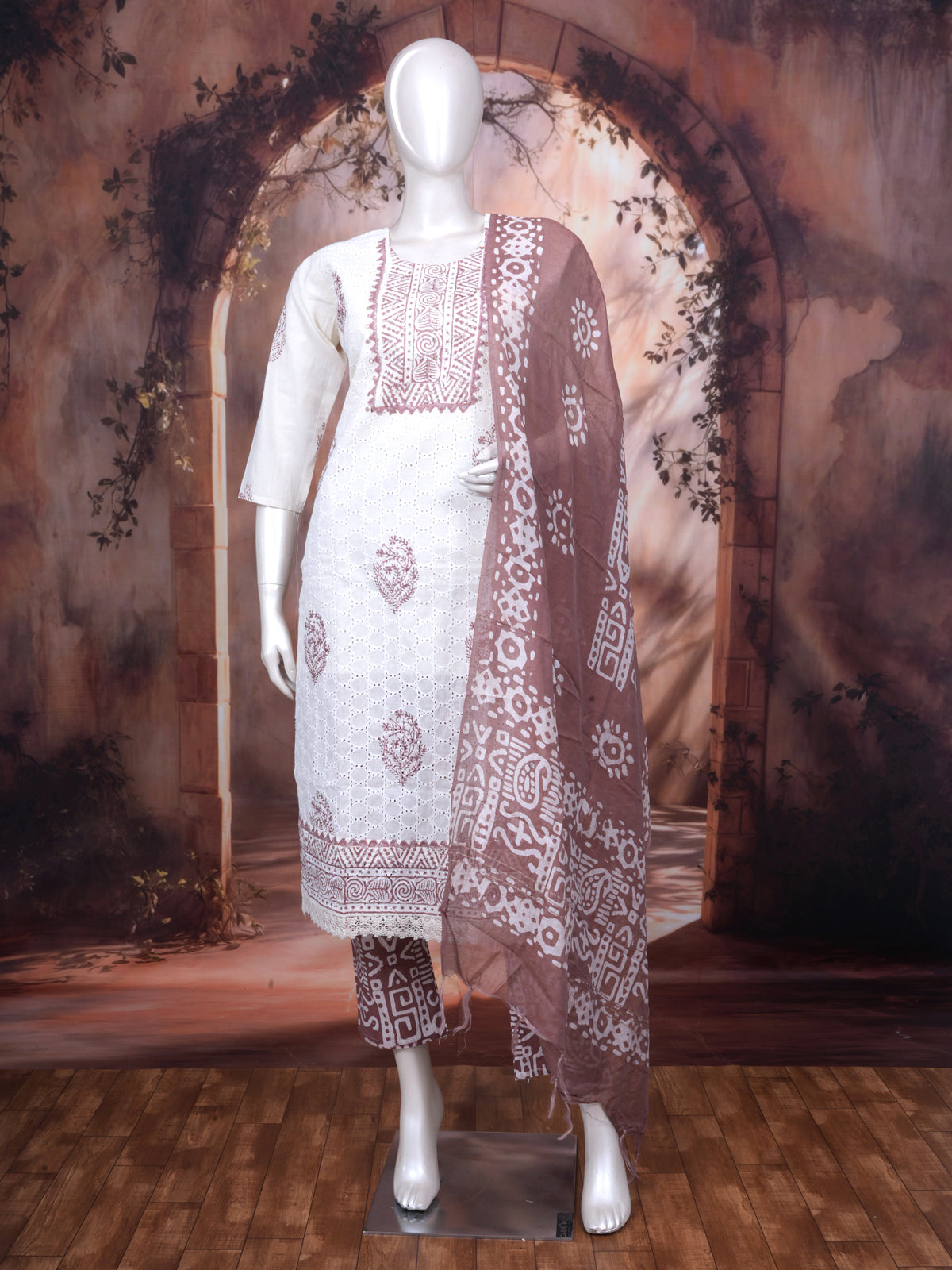 Off-White with Dusty Rose Mauve Ready Made Salwar Suit