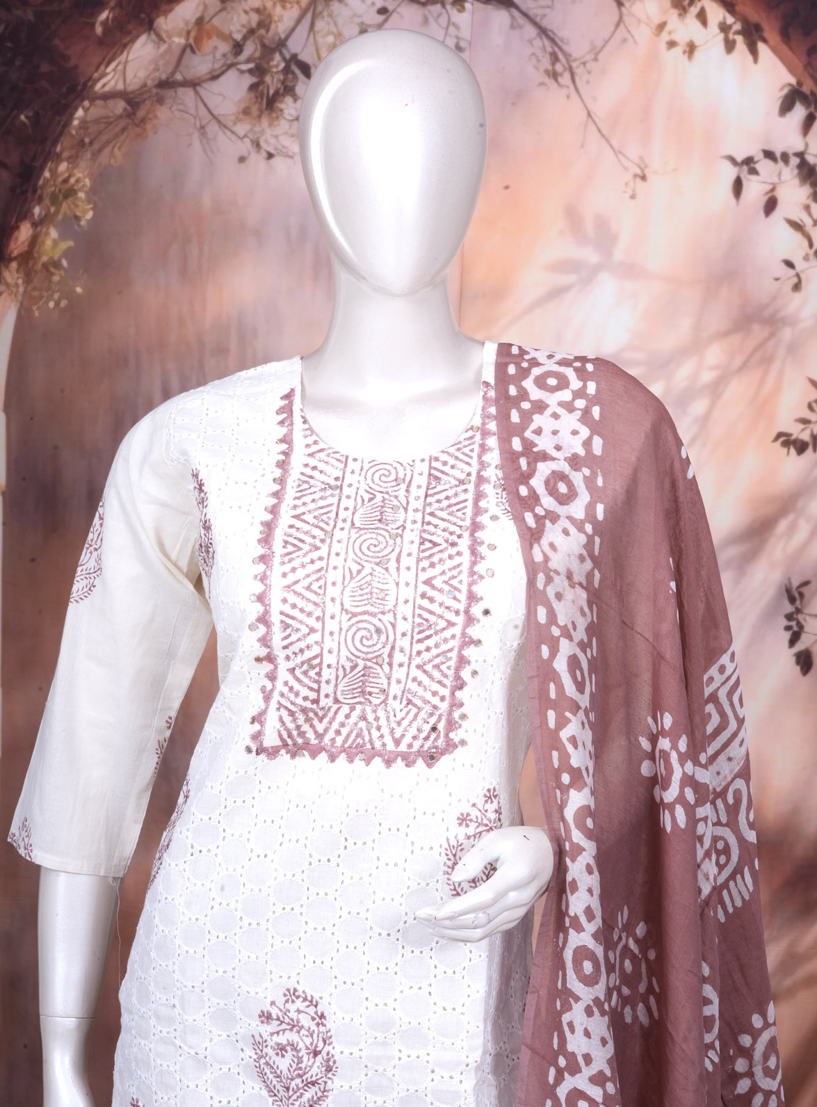 Off-White with Dusty Rose Mauve Ready Made Salwar Suit