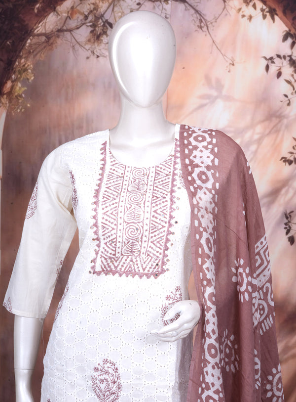 Off-White with Dusty Rose Mauve Ready Made Salwar Suit