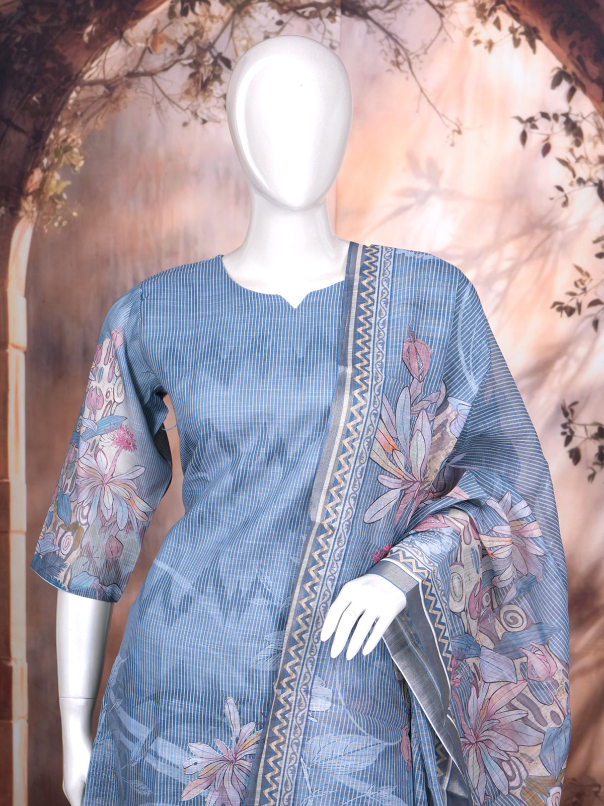 Steel Blue with Pastel Floral Dupatta Ready Made Salwar Suit