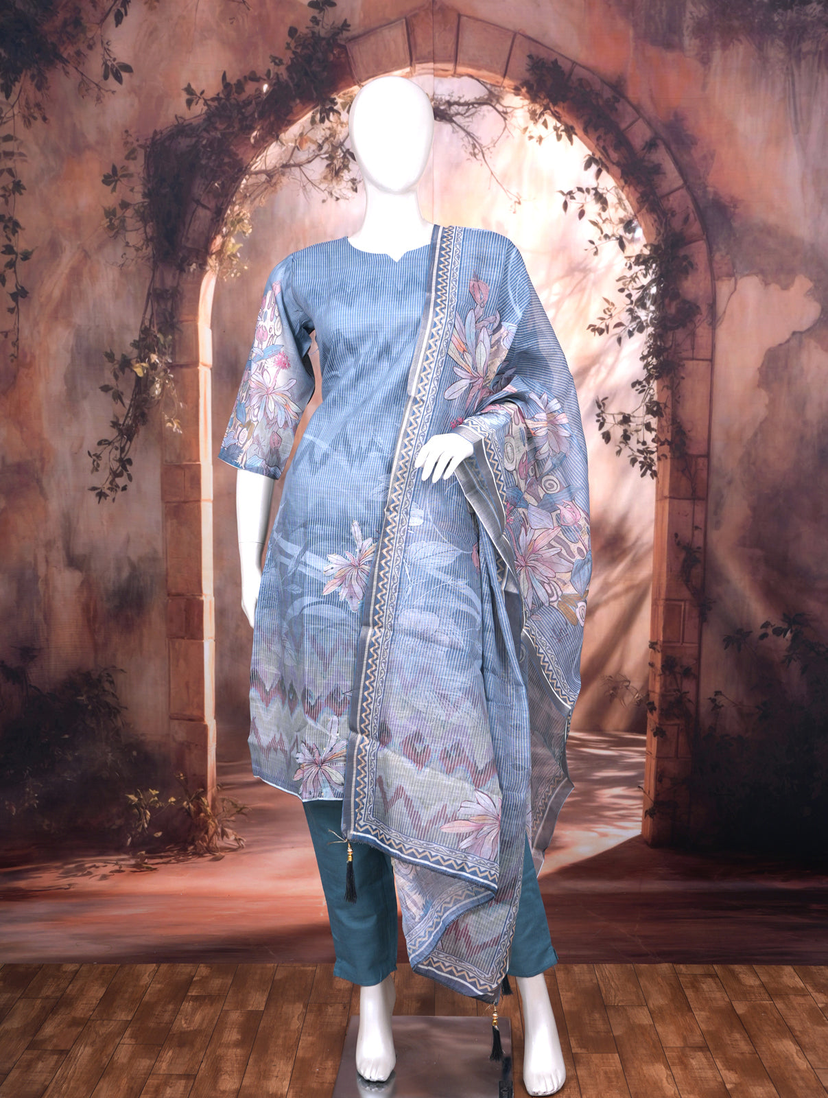 Steel Blue with Pastel Floral Dupatta Ready Made Salwar Suit