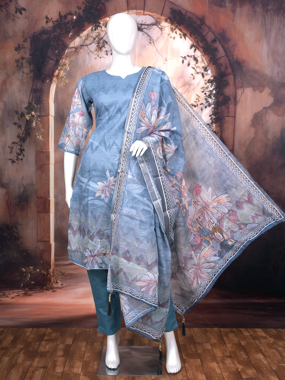 Steel Blue with Pastel Floral Dupatta Ready Made Salwar Suit