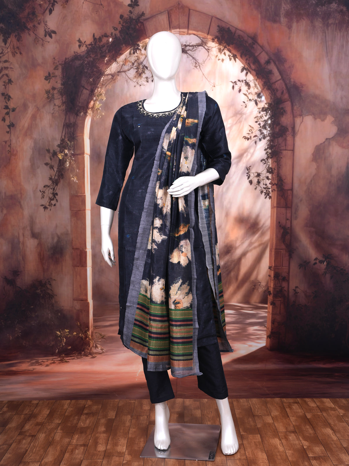 Navy Blue with Multicolor Floral Dupatta Ready Made Salwar Suit