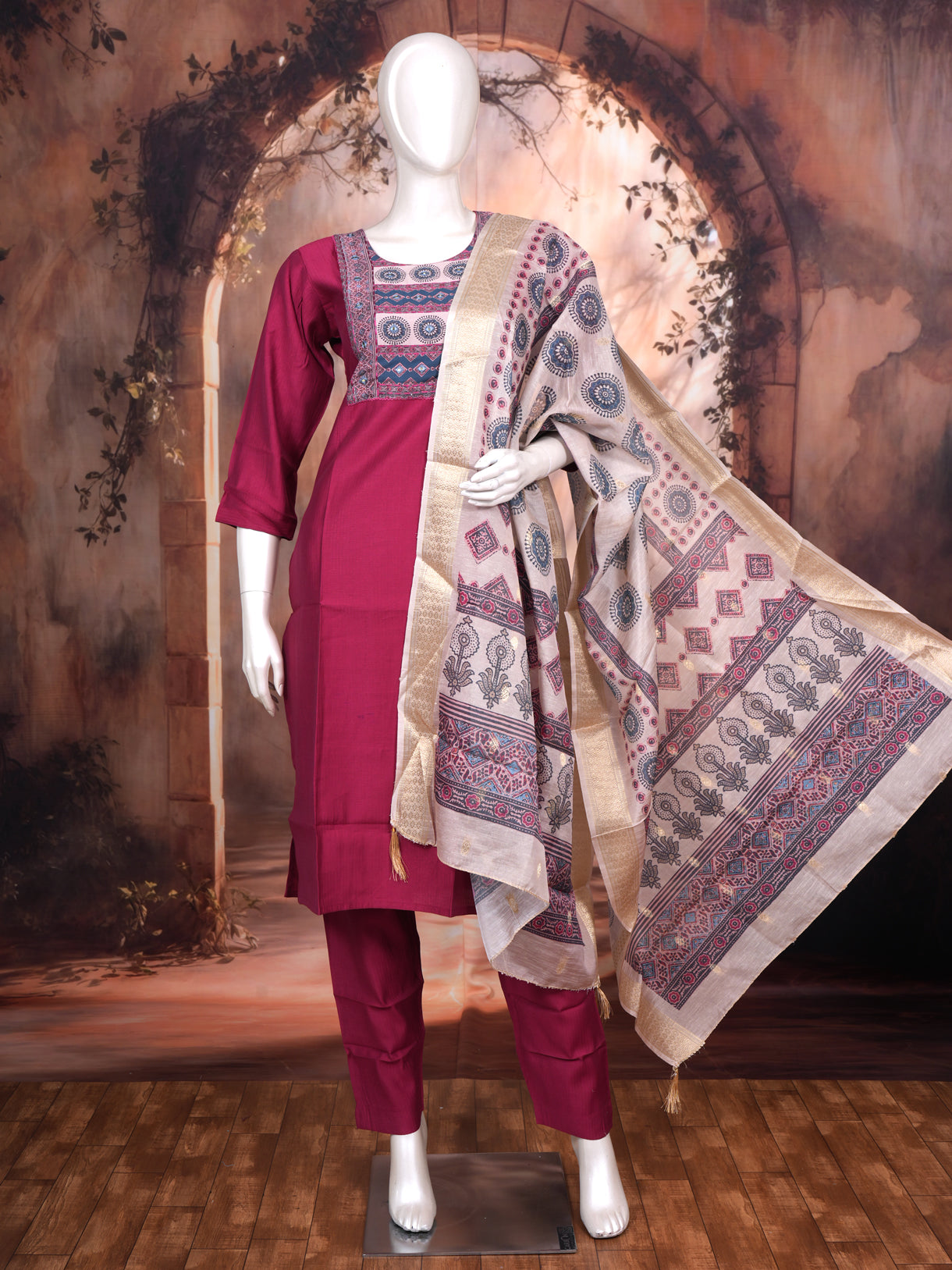 Magenta with Beige Ready Made Salwar Suit