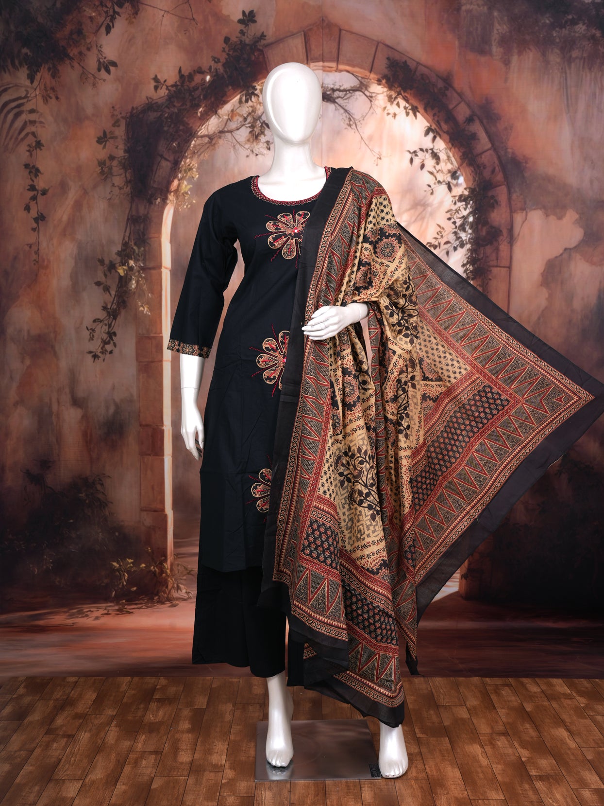 Black with Beige and Red Dupatta Ready Made Salwar Suit
