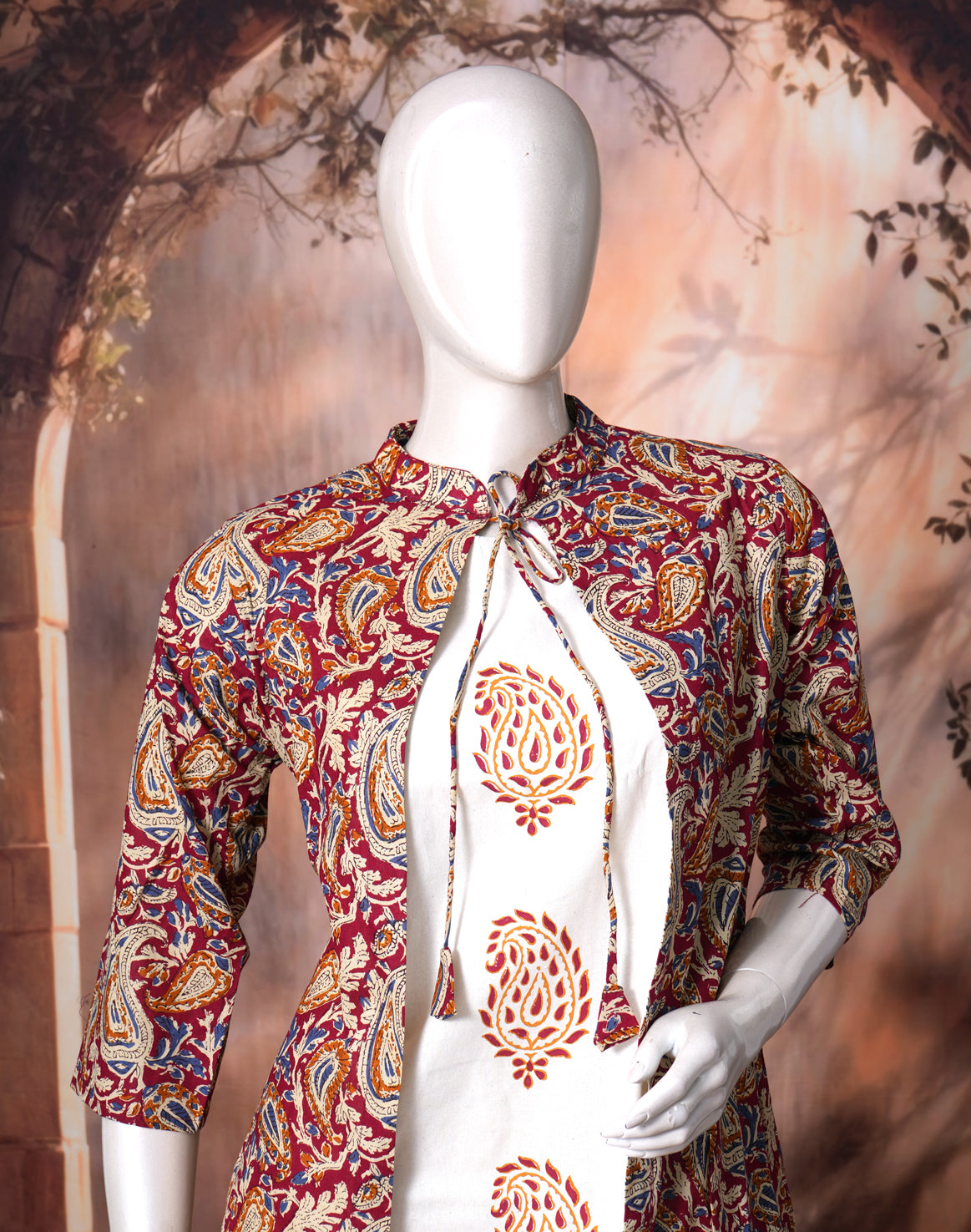 Off-White and Red Kalamkari Print Ready Made Salwar Suit
