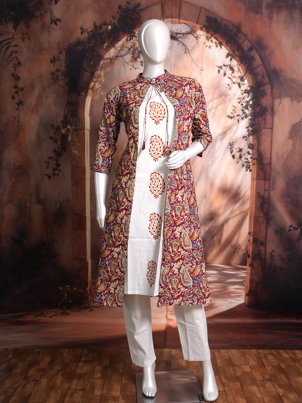 Off-White and Red Kalamkari Print Ready Made Salwar Suit