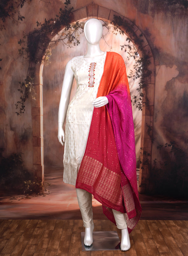 Off-White with Orange and Magenta Pink Ready Made Kurti Set