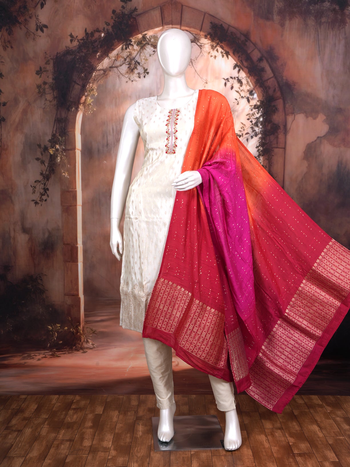 Off-White with Orange and Magenta Pink Ready Made Kurti Set