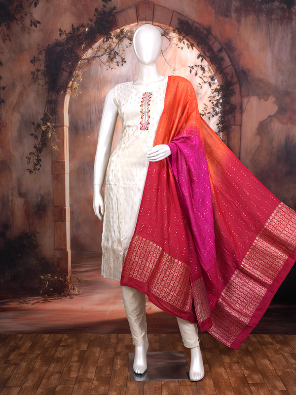 Off-White with Orange and Magenta Pink Ready Made Kurti Set